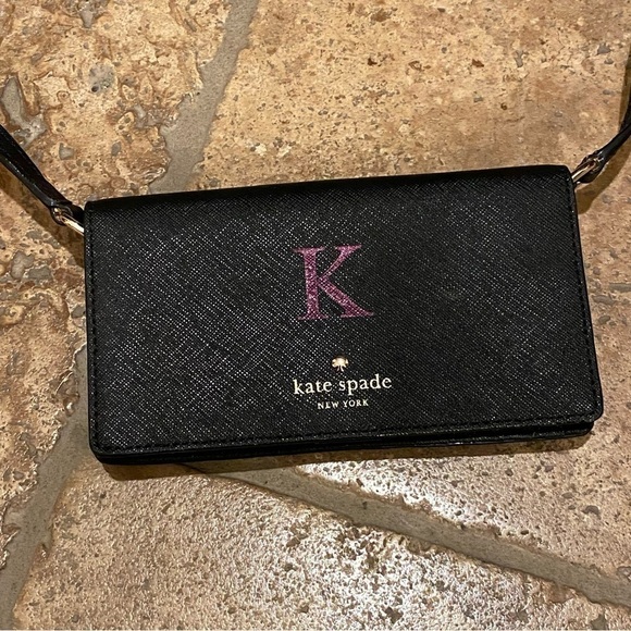 KATE SPADE Black Wallet Personalized ‘K’ Crossbody 3 1/4” x 6 1/4” - Picture 2 of 9